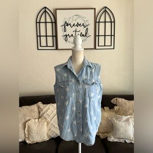 Retro Vintage Y2K Star Print Denim Sleeveless Button Up Shirt Size M 100% Cotton